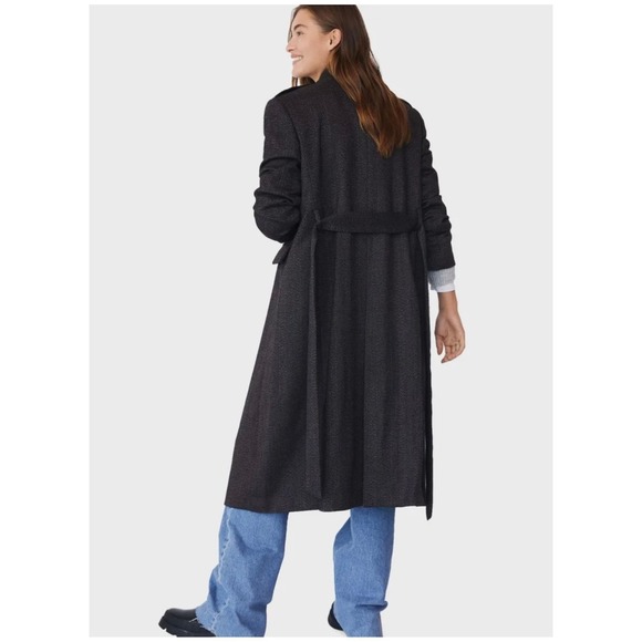 Mango Gray Herringbone Trench Coat Double Breasted Belted Longline Classic - Picture 2 of 9